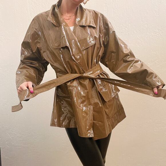 Vintage 1990's Tan Belted Notched Collar Oversized Rain Jacket - Picture 2 of 4